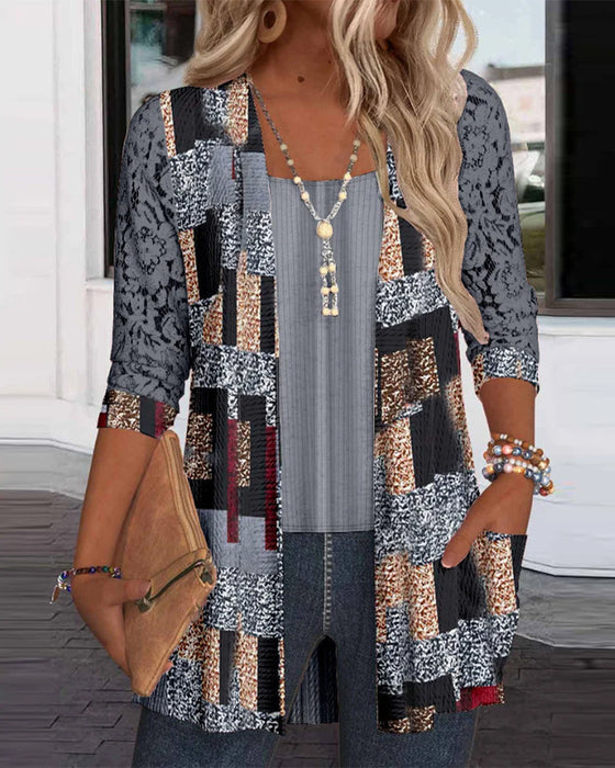Faux Two-Piece Printed Long-Sleeved Blouse