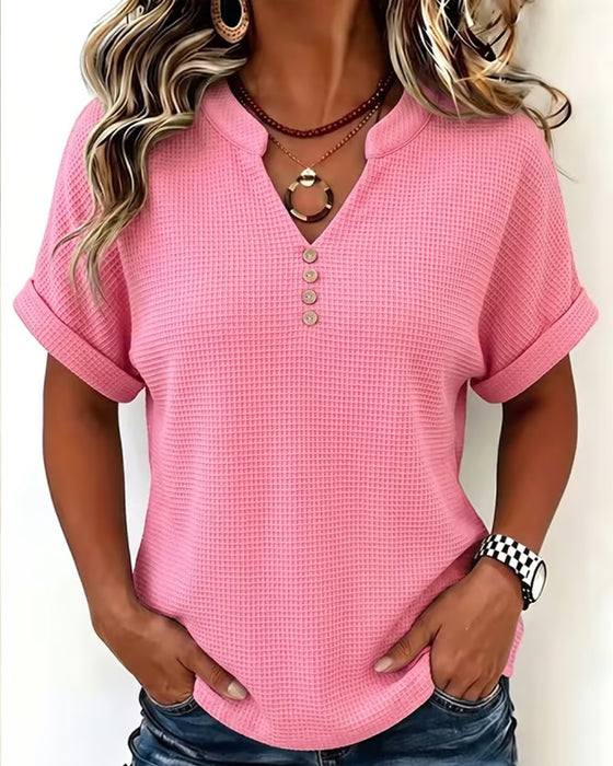 Small V-Neck Button Solid Waffle Top