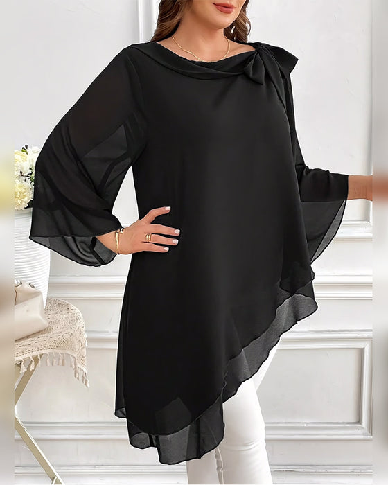 Diagonal Collar Bow Tie Asymmetrical Blouse