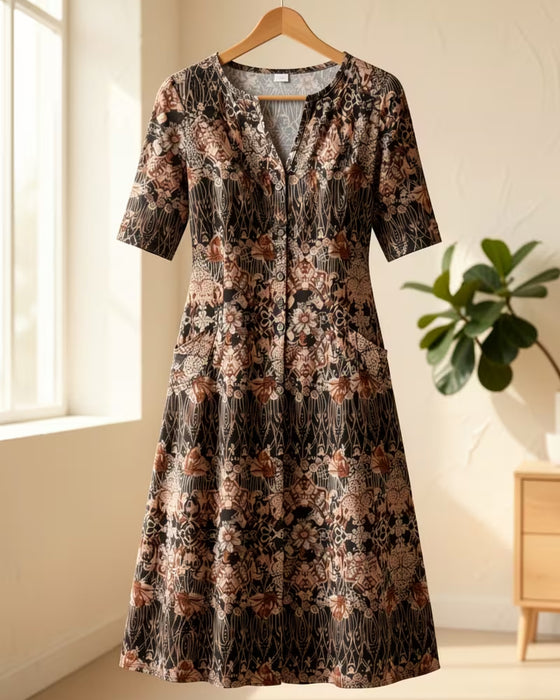 V‑neck Print Patchwork Mid‑sleeve Dress