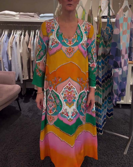 Printed V neck long sleeve dress