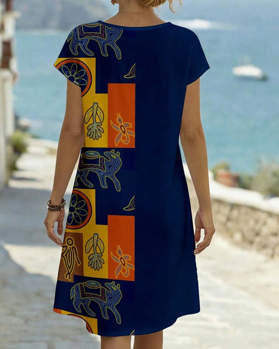Ethnic Print Short-Sleeve Straight Dresses