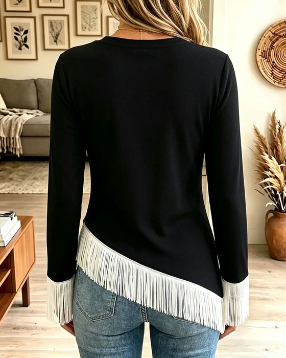 Crew Neck Color-Block Irregular Top