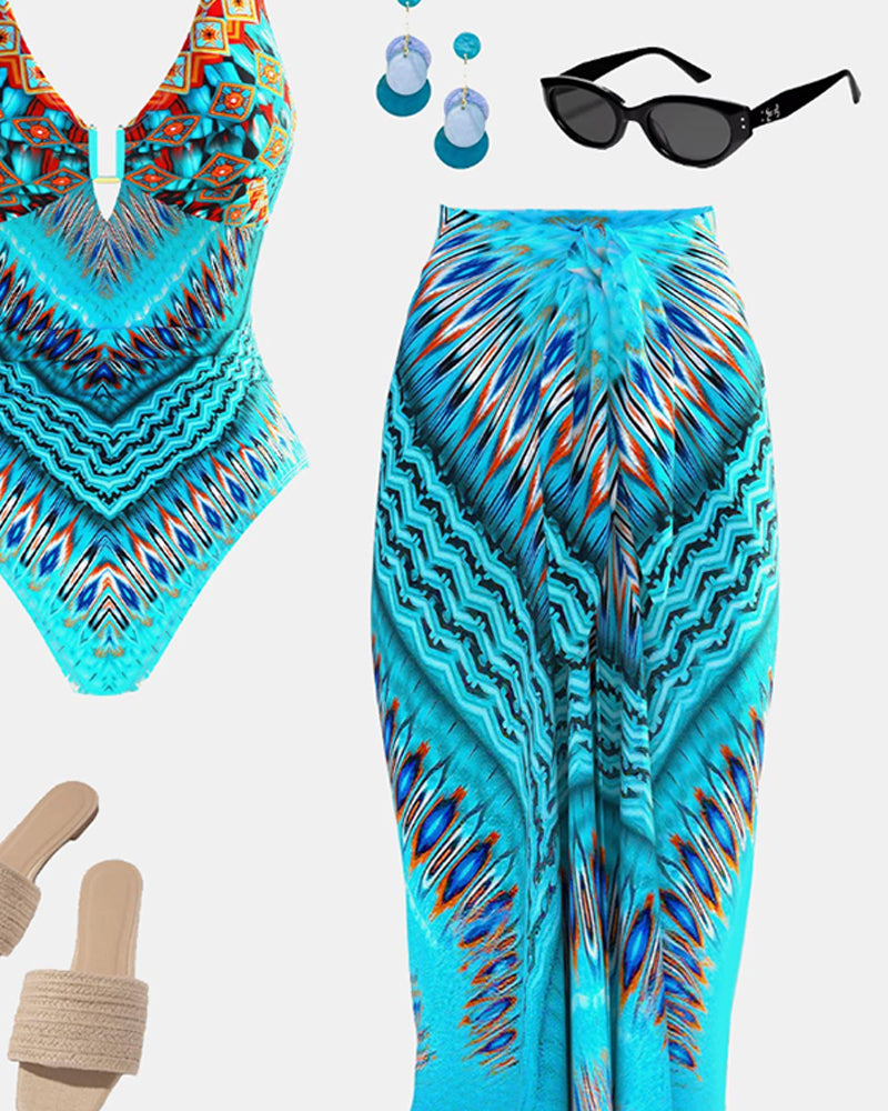 Ethnic Print One-Piece Swimsuit And Cover-Up Set