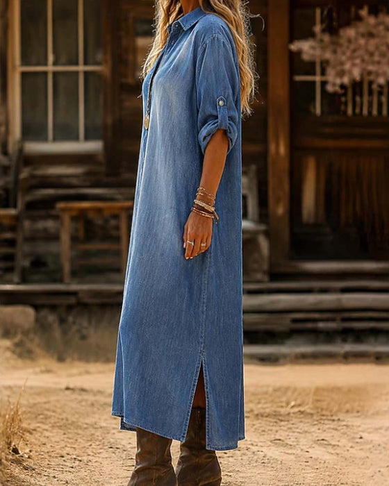 Shirt Collar Slit Casual Dress