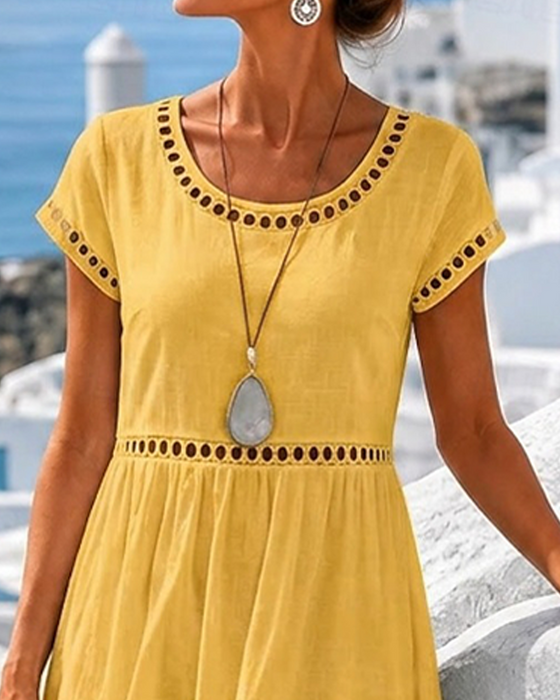 Cutout Waist Crew Neck A-Line Long Dress