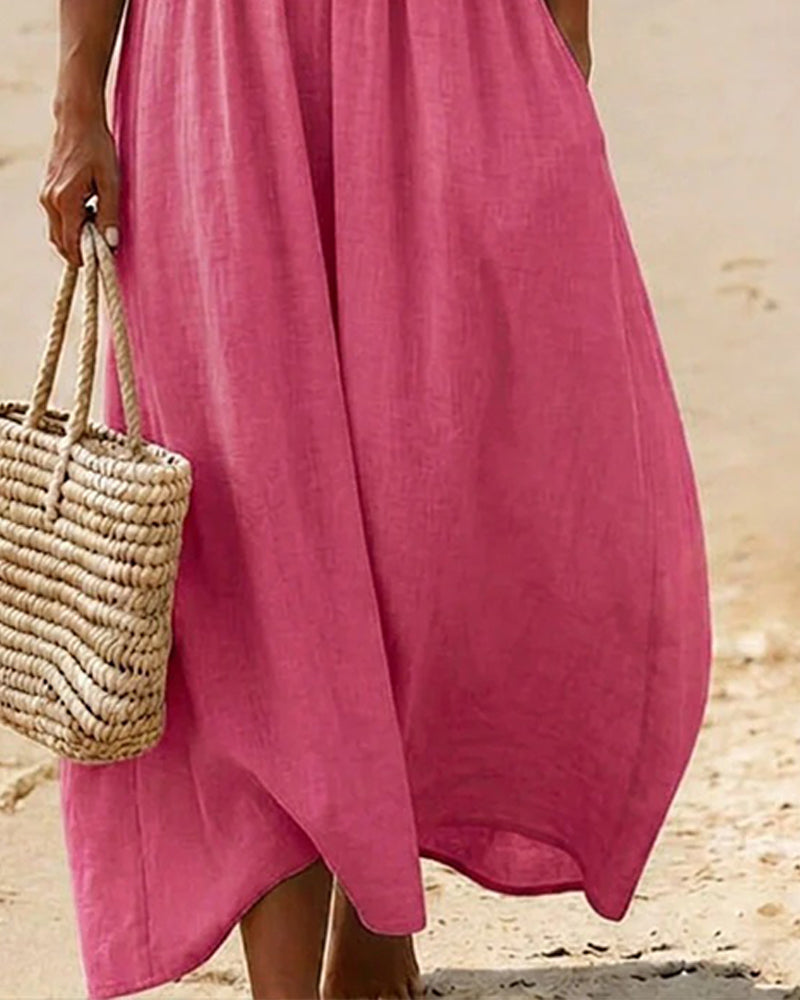 V-Neck 3/4 Sleeve Solid Color Long Dress