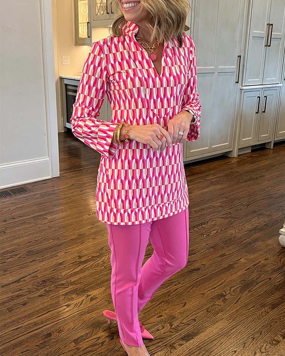 Printed stand collar nine-quarter sleeve top