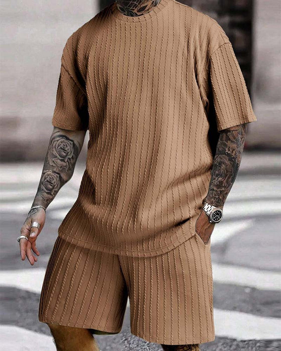 Men's Crew Neck Striped T-Shirt and Shorts Two-Piece Set