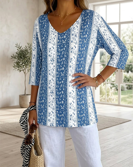 V-Neck Three-Quarter Sleeve Print Casual T-Shirts