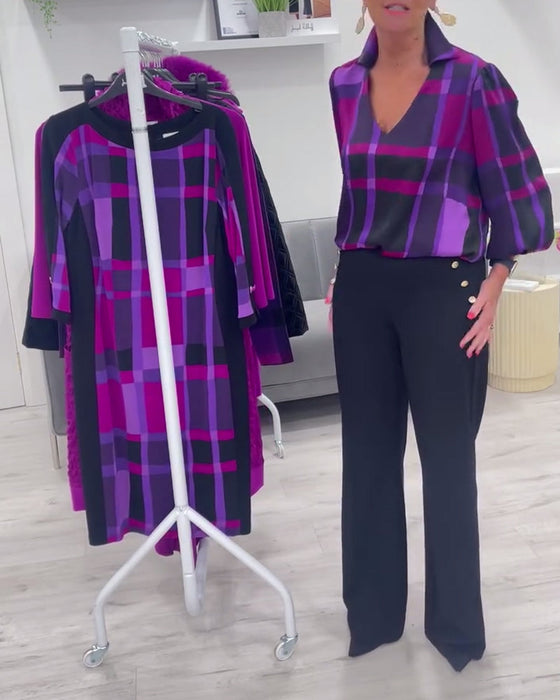 Lapel V-neck large plaid blouse