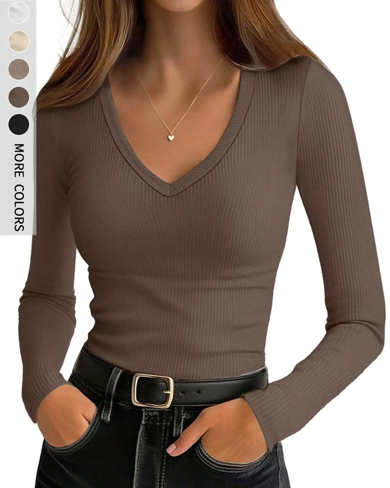 Long Sleeve V-Neck Solid Color Top