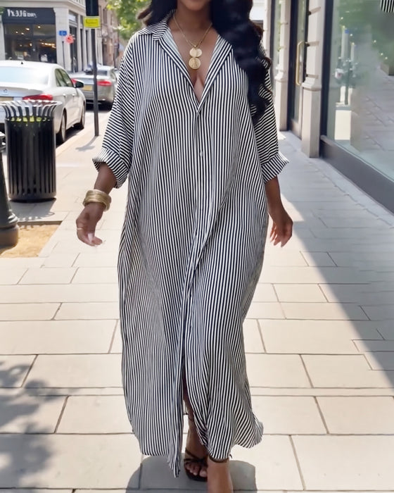 Long Sleeve Lapel Loose Striped Shirt Dress