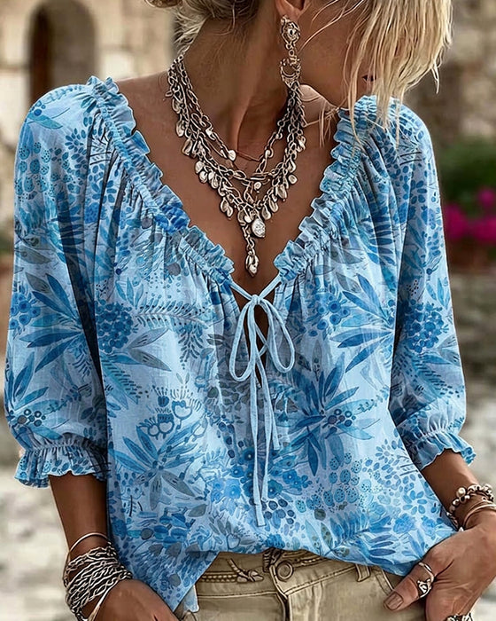 V-Neck Lace Up Blouse