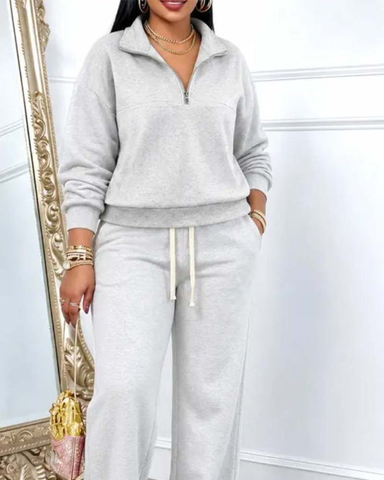 Lapel Zip Pocket Wide Leg Two-Piece Set