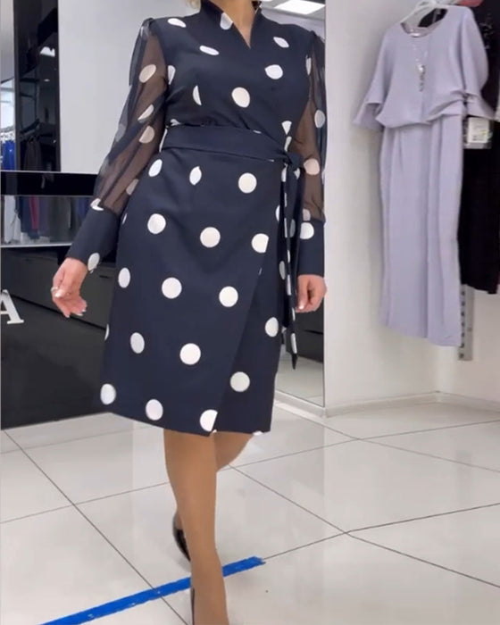 Polka dot print see-through long-sleeve dress