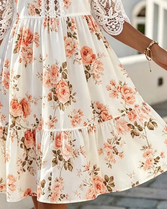 V-Neck Lace Patchwork Floral Cold Shoulder Dress