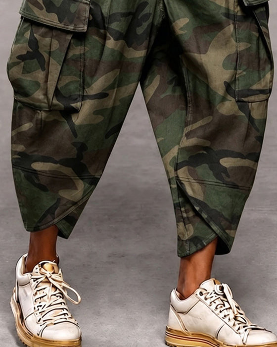 Camouflage Multi-Button High Waist Fashion Pants