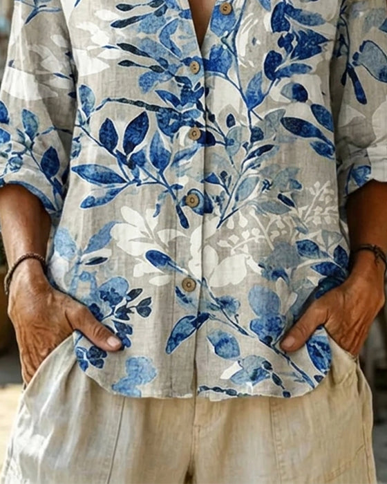 Stand-Collar Ink Painting Floral Blouse