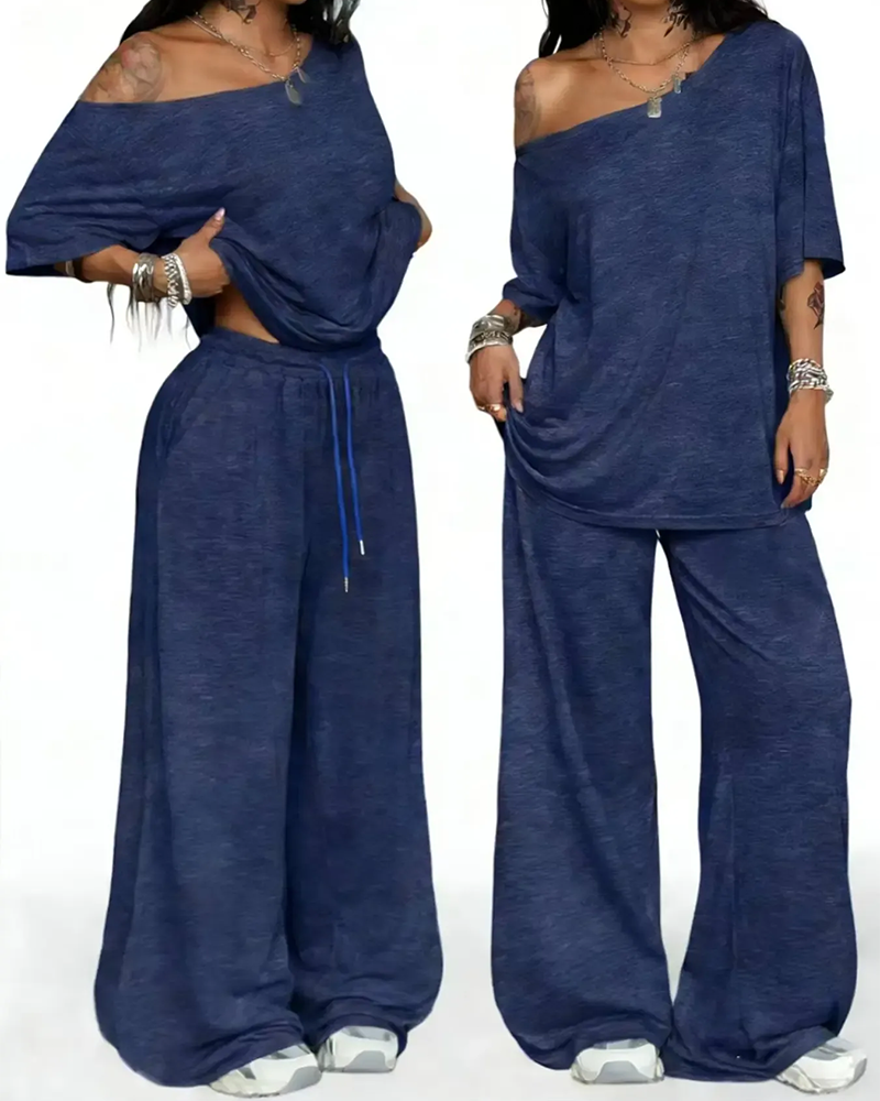 Oblique Neck Drawstring Waist Wide Leg Pants Set