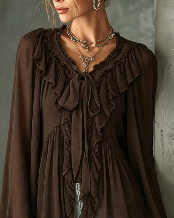 Ruffled V-Neck Tie Blouse