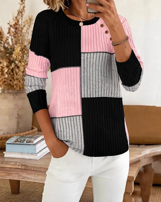 Crew Neck Color-Block Checkered Top