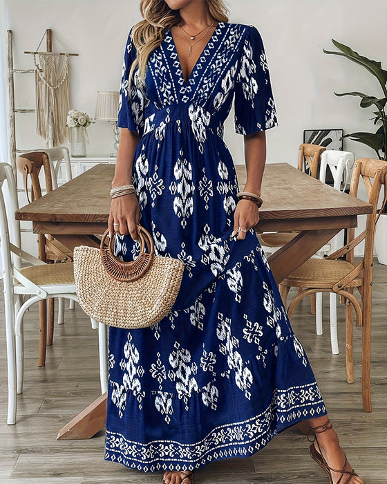 V-Neck Print Full Skirt High Waist Dress