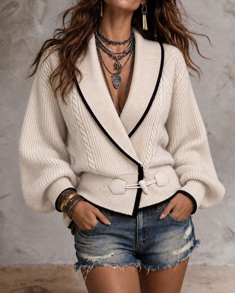 Lapel Contrast Sweater Cardigan