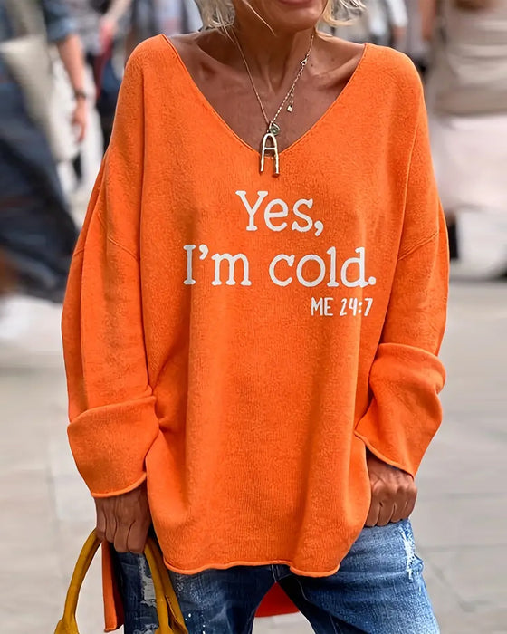 V-Neck Letter Print Loose Casual Sweater