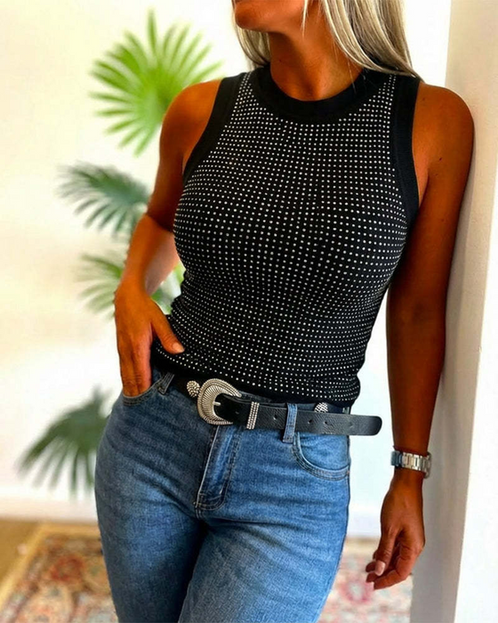 Solid Ribbed Rhinestone Fitted Tank Top