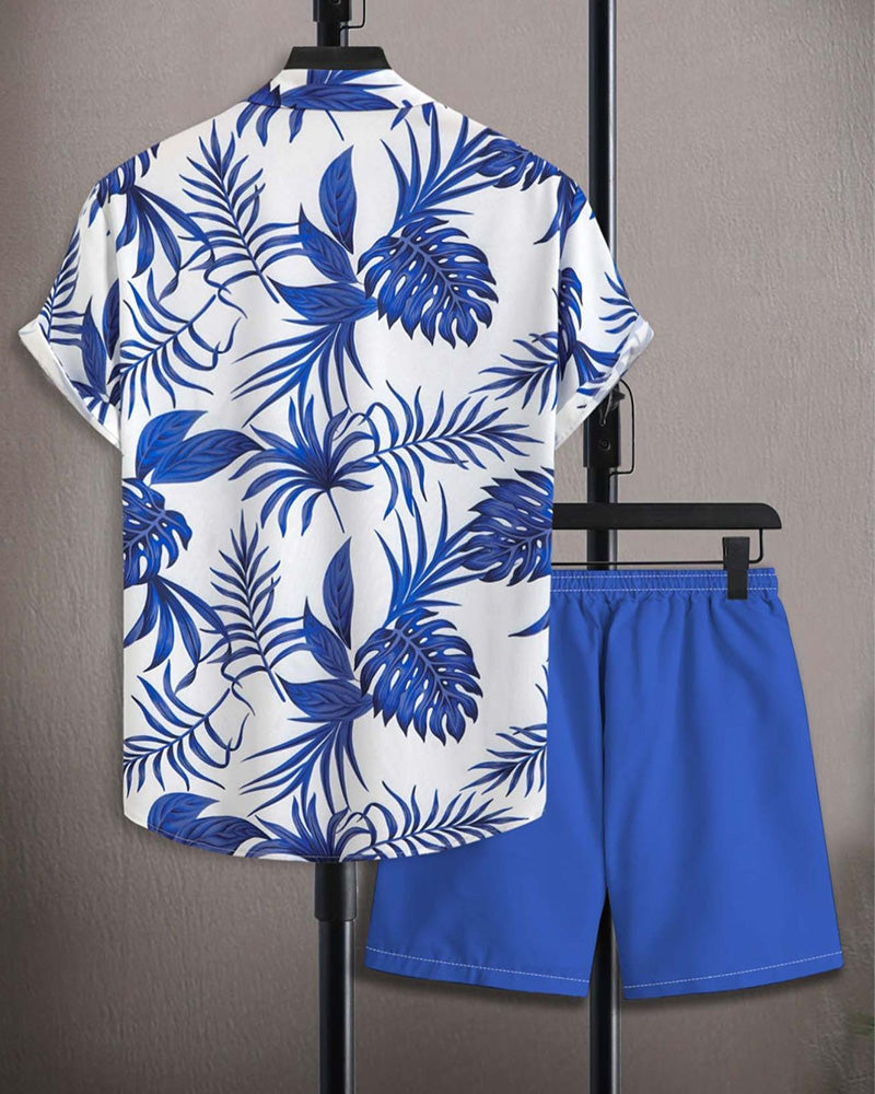 Lapel Palm Leaf Print Short-Sleeve Sets