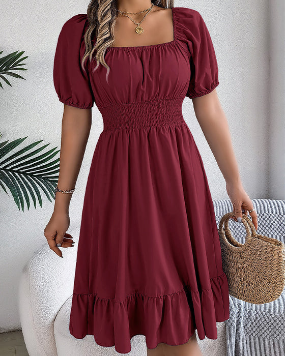 Square Neck Cinched Waist Ruffle A-Line Dress