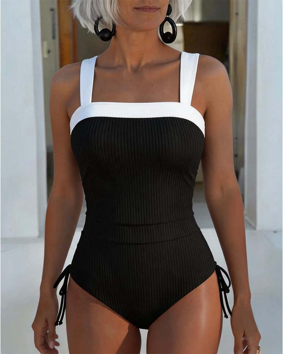 Vertical Stripe Color Block Tie One-Piece