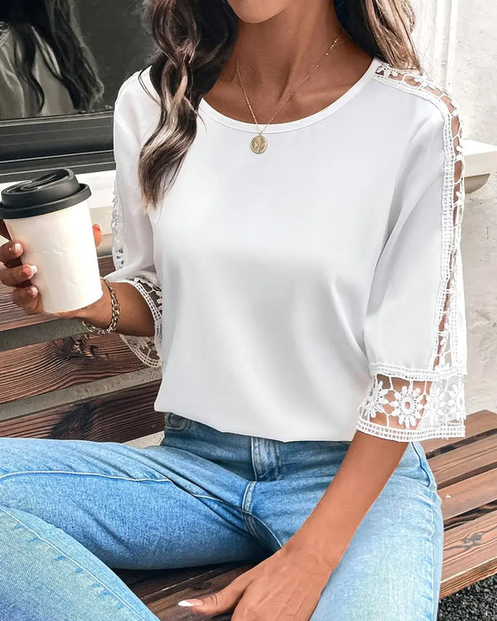 Solid Color Hollow Hook Patchwork T-Shirt