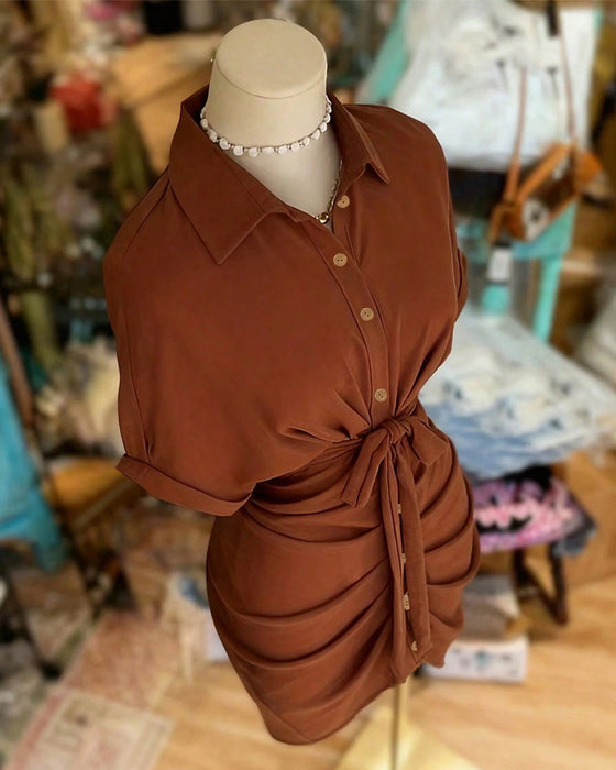 Tie Button Pleated Shirt Collar Dress