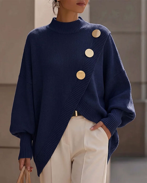 High Neck Buttoned Crossover Irregular Pullover