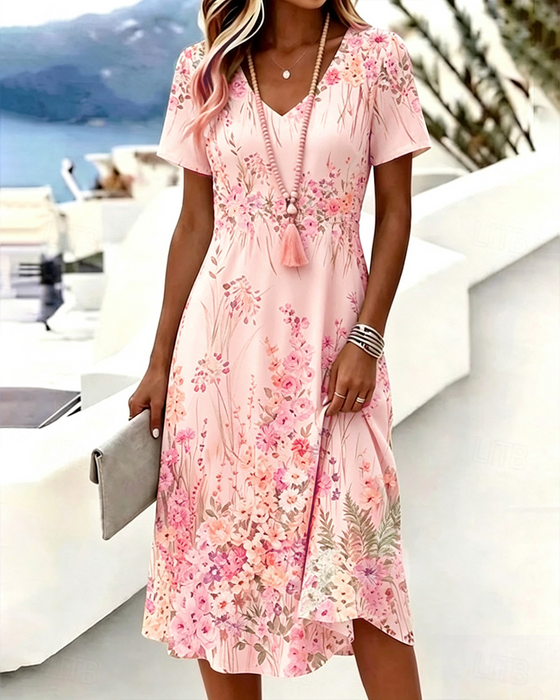 V-Neck Floral Short Sleeve A-Line Dress
