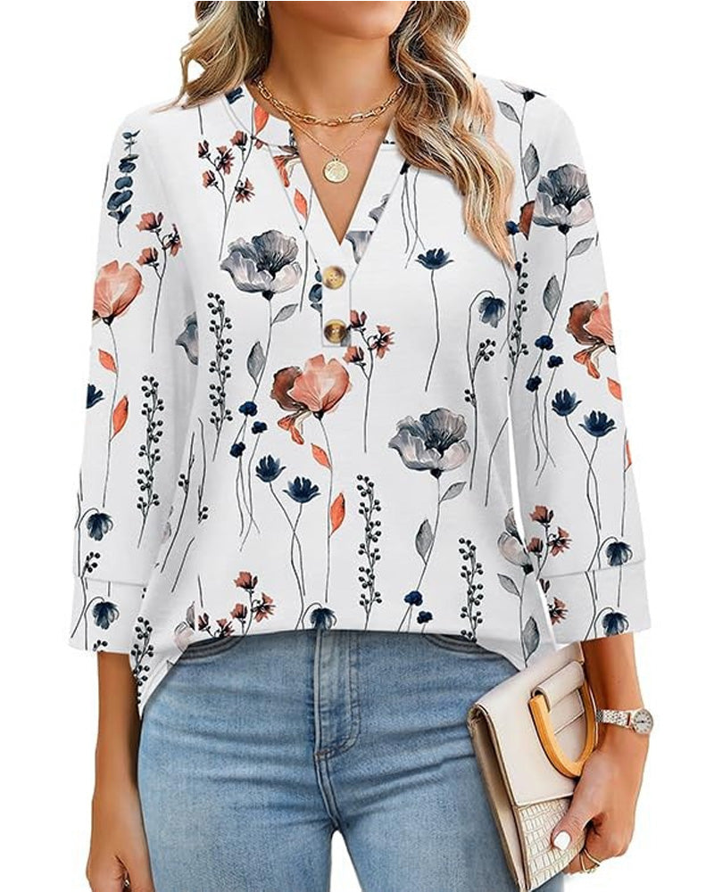 V-Neck Buttoned Three-Quarter Sleeve Blouse