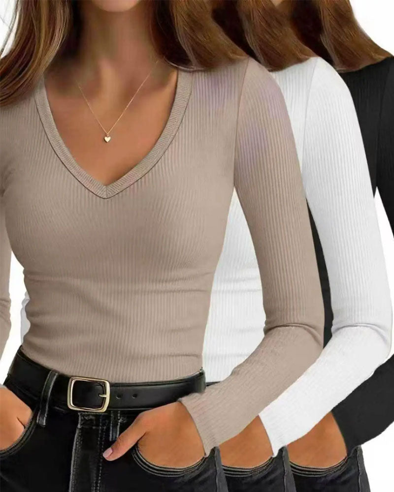 Long Sleeve V-Neck Solid Color Top