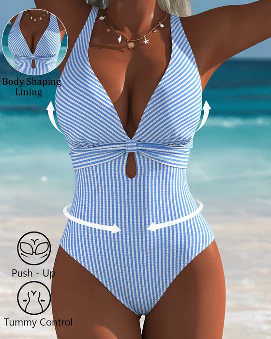 Halter Hollow Out Stripe One Piece