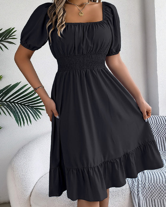 Square Neck Cinched Waist Ruffle A-Line Dress