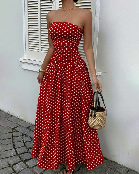 Polka Dot Bandeau A Line Long Dress