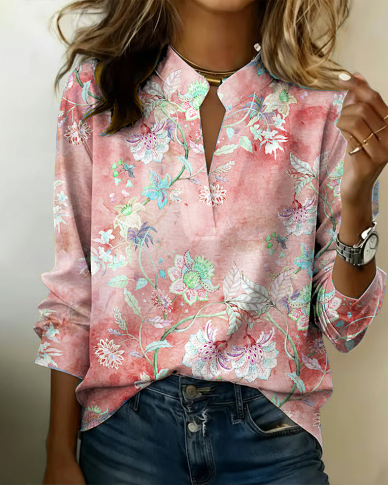 Stand-Up Collar Long-Sleeved Floral Blouse