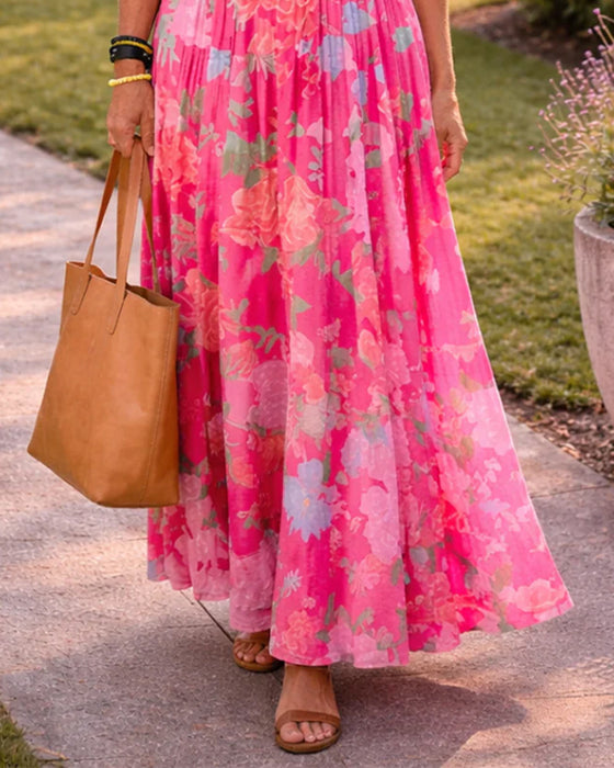 V-Neck Print High Waist Bubble Sleeve Dress