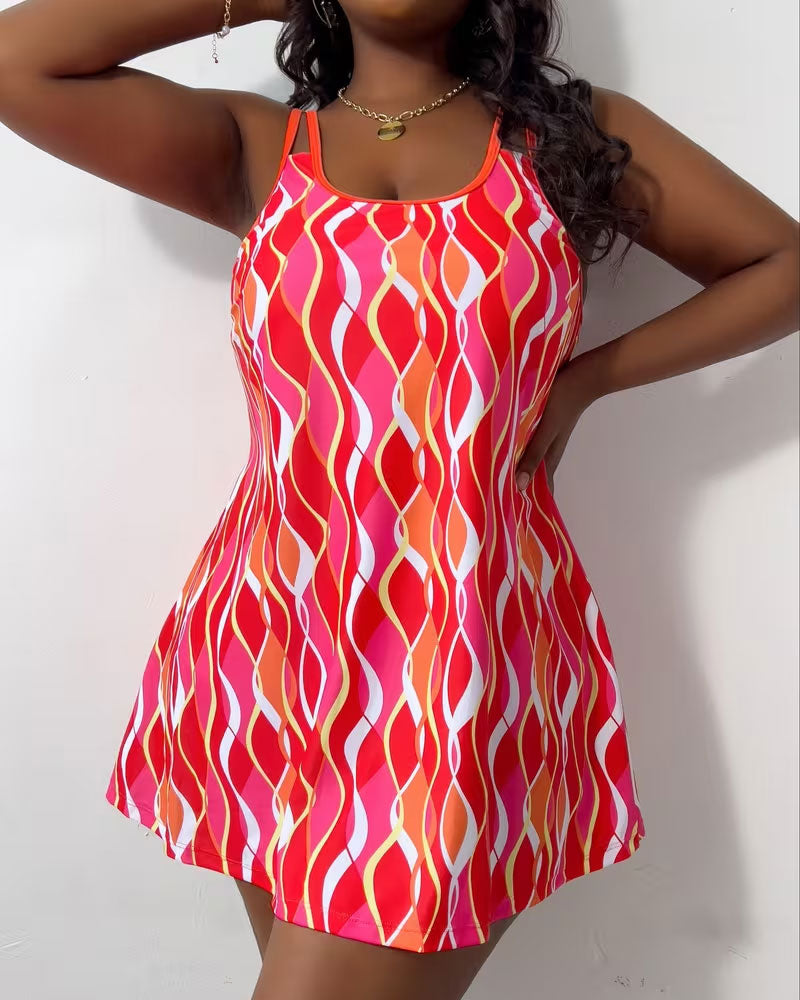 Wavy Striped Suspender A Swing Swim Dress