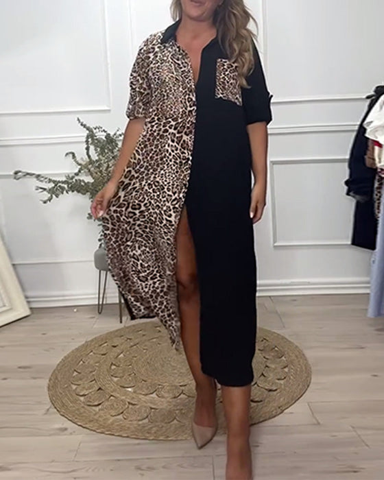 Lapel leopard print dress