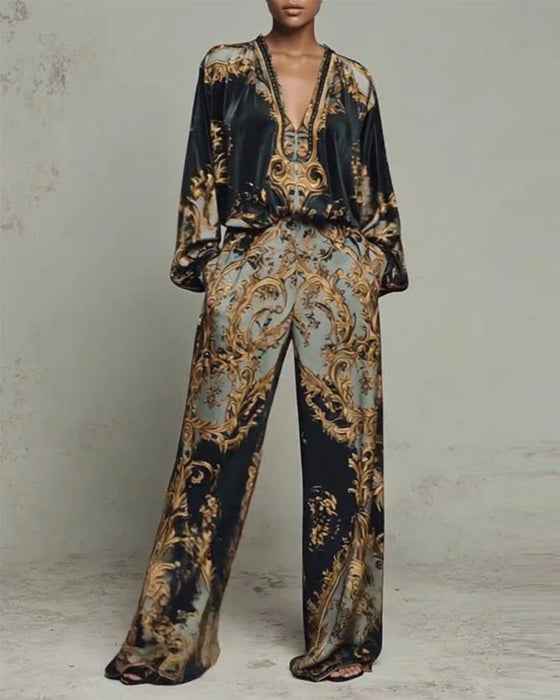 V-Neck Lantern Sleeve Wide Leg Pant Set