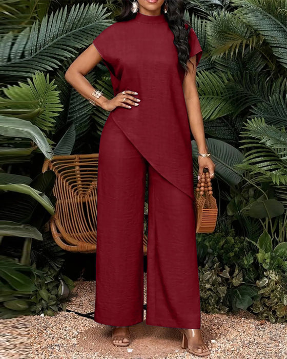 High Neck Asymmetrical Dropped Shoulder Wide Leg Set