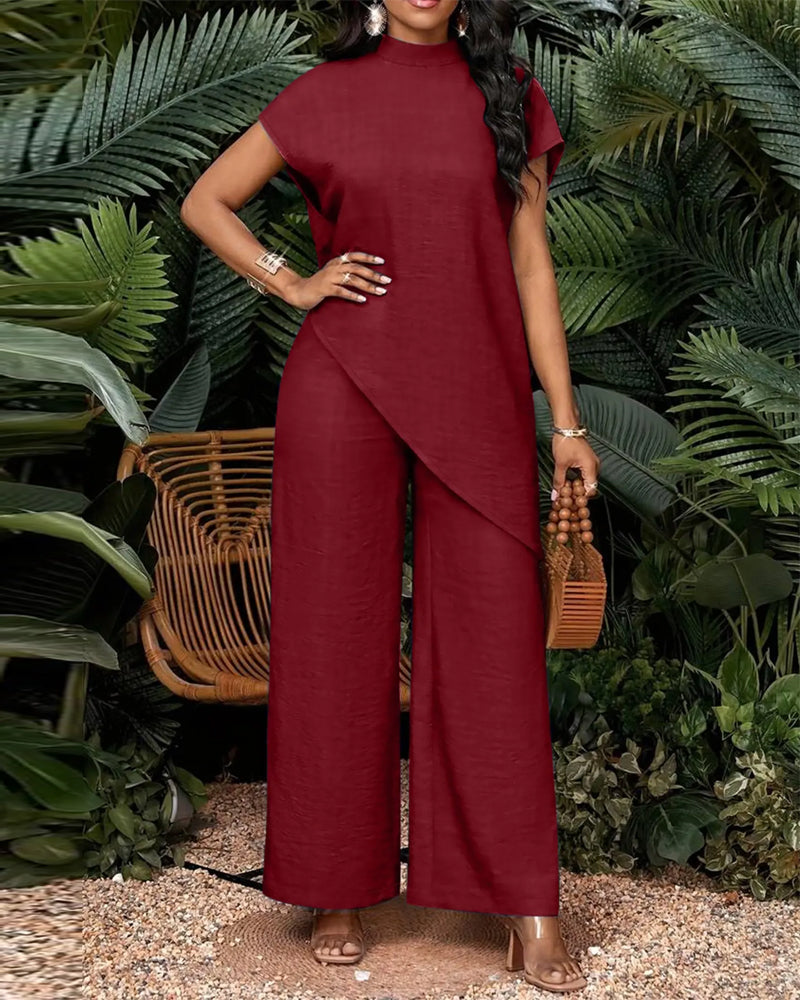 High Neck Asymmetrical Dropped Shoulder Wide Leg Set