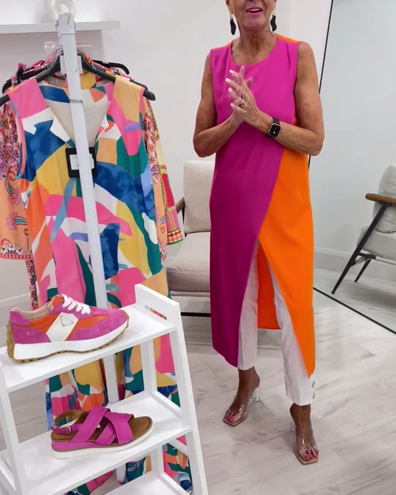 Sleeveless Contrast Color Slit Long Blouse